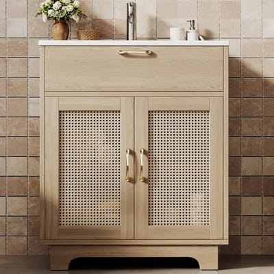 Badkamermeubel - 76x46x88cm - Freestanding Soft-Close Rattan Design - Vochtbestendig Lade Lift Design - Keramiek Rattan - Natur