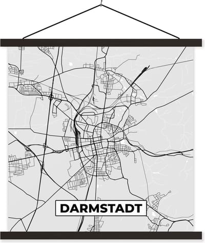 Posterhanger incl. Poster 60x60 cm - Schoolplaat - Plattegrond - Duitsland - Darmstadt - Kaart - Stadskaart - Textielposter - Zwarte latten - Stadskaart