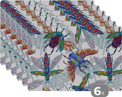 Placemat - Placemats kunststof - Insecten - Regenboog - Design - 45x30 cm - 6 stuks - Hittebestendig - Anti-Slip - Onderlegger - Afneembaar