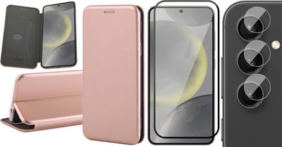 Hoesje geschikt voor Samsung Galaxy S24 - Screenprotector Volledig Dekkend Glas & Camera - Wallet Book Case Rosegoud