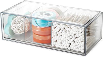 Kleine Organizer met 3 Compartimenten voor Wattenstaafjes, Make-up en Sieradenopslag met Acryl Deksel voor Badkamer en Laden