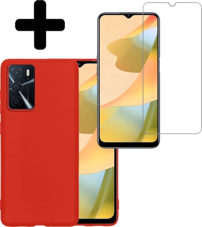 Hoesje - Met Screenprotector - Geschikt voor OPPO A16s - Sterk & Shockproof - Back Cover - Siliconen Case - Telefoon Hoes - Telefoonhoesjes - Rood