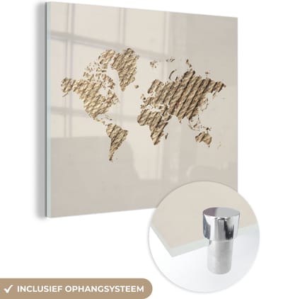 ® Glasschilderij 90x90 cm - Schilderij acrylglas - Wereldkaart - Touw - Beige - Foto op glas - Muurdecoratie woonkamer - Wanddecoratie slaapkamer - Schilderijen