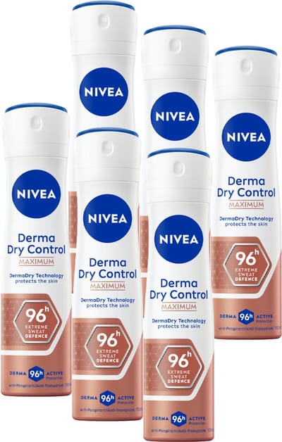 NIVEA Derma Dry Control Deo Spray- Tot 96 uur bescherming - Deodorant Met DermaDry en melkzuur - Anti-transpirant - Voordeelverpakking - 6 x 150 ml