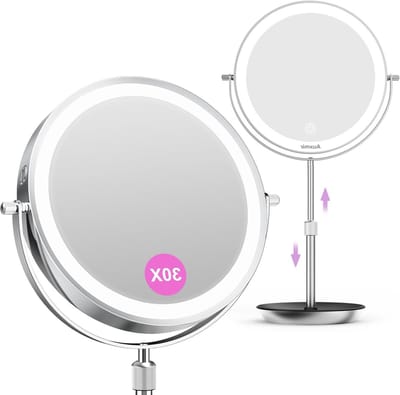 Verlichte make-up spiegel met 9 inch vergroting, 1X/30X dubbelzijdig, hoogte verstelbaar van 38 tot 47 cm, 3000 mAh, USB-oplaadbaar, 3 instelbare lichtkleuren, 360 graden draaibaar