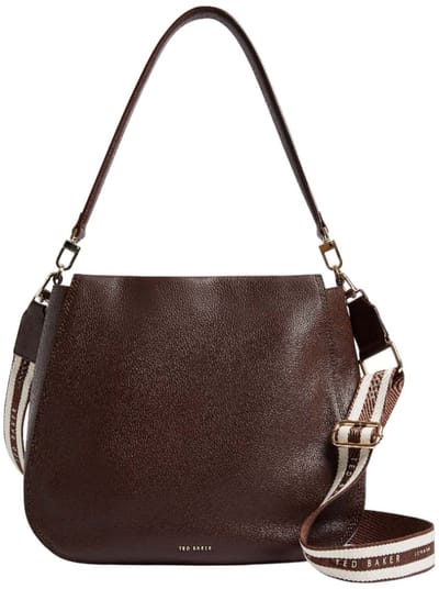 Ted Baker Leren Schoudertas Willda Branded Webbing Leather Hobo Bag Brown Donkerbruin