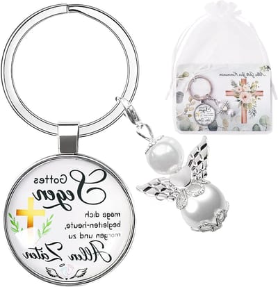 Engel Medaillon en Sleutelhanger Set met Kaarten en Organza Zak, Perfect als Communie Cadeau of Voor Beste Vriendin