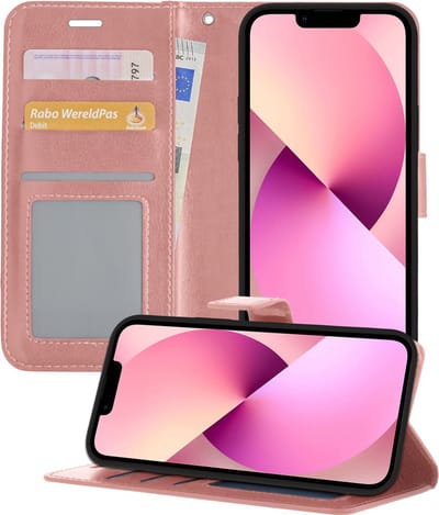 Hoesje - Met Pasjeshouder - Geschikt voor Apple iPhone 14 - Luxe Bookcase Portemonee - Flip Case - Kunstleer Book Case - Flipcase - Book Cover - Walletcase - Portemonneehoes - Telefoonhoesjes - Rosé goud