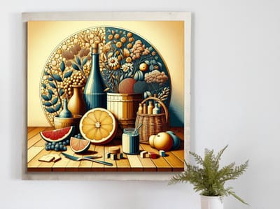 Modern stilleven schilderij | Stilte in de moderne kunst: een eigentijds stilleven kunstwerk | Kunst - 40x40 centimeter op Dibond | Foto op Dibond