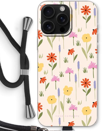 Case Company® - Hoesje met koord geschikt voor iPhone 16 Pro Max hoesje met Koord - Floral - Telefoonhoesje met Zwart Koord - Bescherming aan alle Kanten en Over de Schermrand