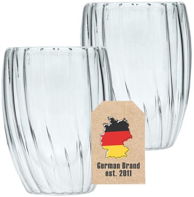 Intirilife 2x Dubbelwandig thermoglas - Gestreepte stijl - 210ml inhoud - Mondgeblazen geïsoleerd voor latte macchiato, als theeglas of koffieglas met handvat