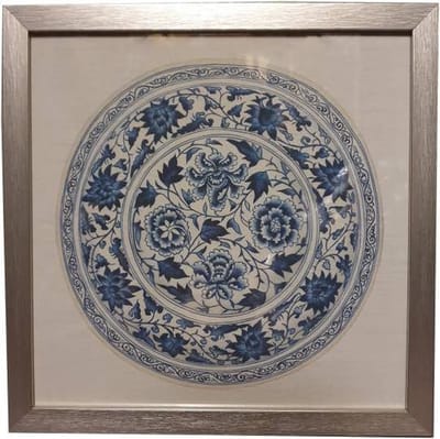 Fine Asianliving Chinees Schilderij met Lijst Chinees Bord Porselein Blauw Wit B35xD3xH35cm
