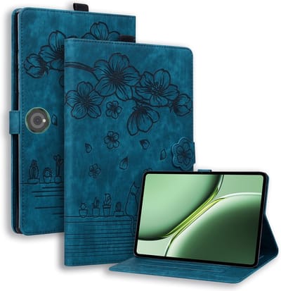 Coverup Tablethoes geschikt voor OnePlus Pad 2 Hoesje - Flowers & Cat Book Case - Donkerblauw