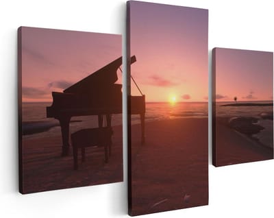 Artaza Canvas Schilderij Drieluik Piano op het Strand bij Zonsondergang - 90x60 - Foto Op Canvas - Canvas Print
