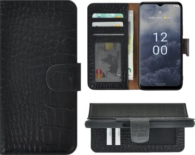 MoDo hoesje Geschikt voor Nokia G60 - Echt Leer Book Case - Croco Zwart