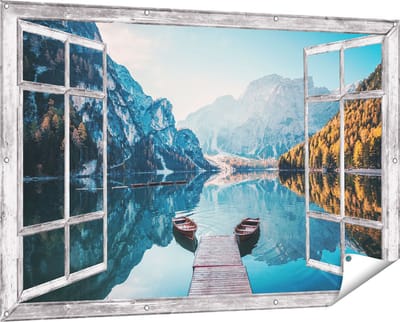 Gards Tuinposter Doorkijk Twee Bootjes op het Meer in de Bergen - 150x100 cm - Tuindoek - Tuindecoratie - Wanddecoratie buiten - Tuinschilderij