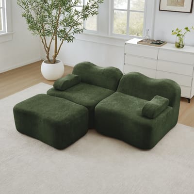 Wishdor Modulaire Hoekbank Met Hocker - Golfvormig En Frameloos - Voor Woonkamer Of Appartement - Fluwelen Bekleding - Groen - 2-Zits L-Vorm