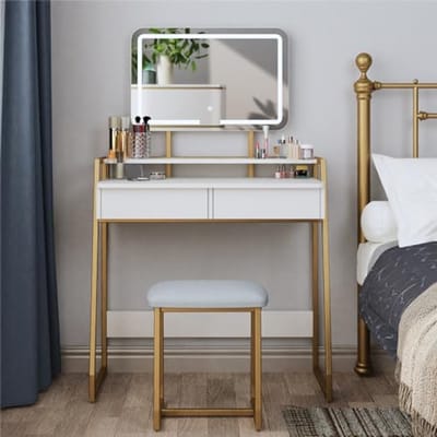 Kaptafel met Spiegel en Kruk – Make-uptafel met LED-verlichting en Opbergladen voor de Slaapkamer in Wit en Goud