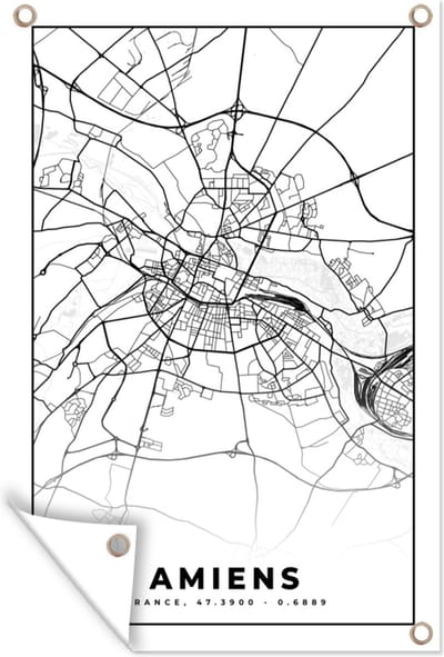 Muurdecoratie Plattegrond - Amiens - Kaart - Frankrijk - Stadskaart - Zwart wit - 120x180 cm - Tuinposter - Tuindoek