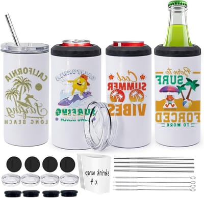 Blanco Tumblers - Can Cooler Set - Dranken Koel Houden - 4-in-1 Set - 16oz 4 Pack - Wit