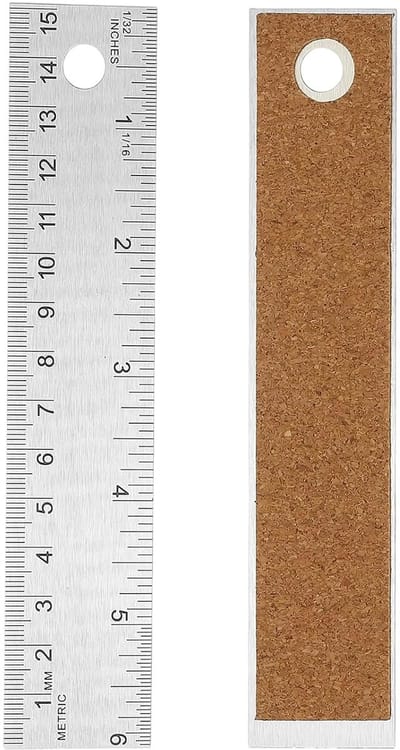 Stainless steel liniaal met kurken achterkant - 6 inch rechte liniaal - antislip kurken achterkant - inch en centimeter schaal voor kantoor en technische tekeningen