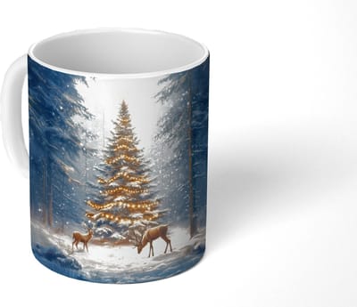 Mok - Koffiemok - Kerstlicht - Woud - Hert - Donker - Mokken - 350 ML - Beker - Koffiemokken - Theemok