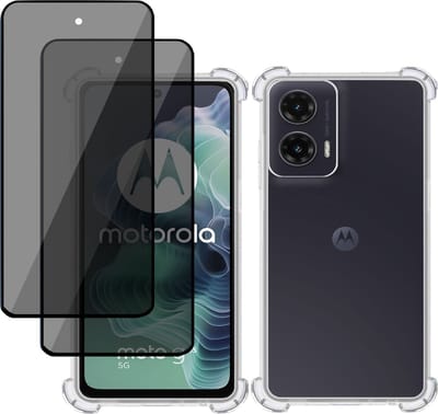 Hoesje + 2x Privé Screenprotector geschikt voor Motorola Moto G35 – Privacy Tempered Glass - Case Transparant