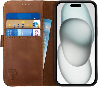 Rosso Deluxe Echt Leer Book Case Hoesje Geschikt voor Apple iPhone 15 | Ruimte voor drie pasjes | Portemonnee Book Case | Met Pasjeshouder | Bruin