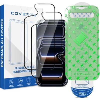 Coverzs Flexibel PMMA Glass Screenprotector met frame (2-pack) geschikt voor iPhone 17 Pro Max – Flexibel Glas – Beschermfolie met Montageframe – Premium Schermbescherming