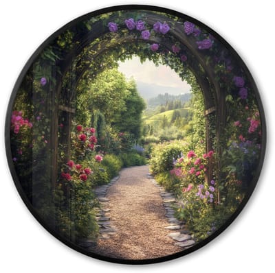 Poster in lijst Rond - Fotolijst 60x60 cm - Posters - Doorkijk - Landschap - Bloemen - Tuinboog - Natuur - Ronde posterlijst zwart - Decoratie - Wanddecoratie woonkamer - Muurdecoratie slaapkamer