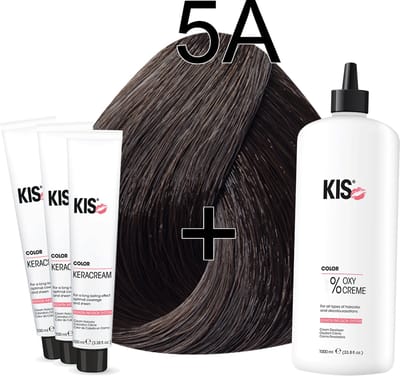 Kis KeraCream Color - 100ml - Haarverf Set - 5A Licht asbruin | KIS - (3 x haarverf & 1L waterstofperoxide)