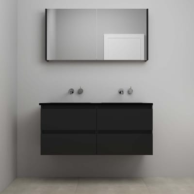 On-Line Badkamermeubelset - 120 cm - Voorgemonteerd - Ladestructuur - Acryl Wastafel - zonder Kraangat - Spiegelkast - Mat Zwart