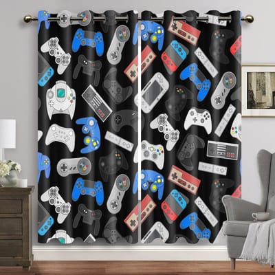 2 stuks Gamer Gamepad Controller Raamgordijnen Drapes voor Woonkamer Jongens Slaapkamer Speelkamer Huisdecoratie Deur Videogame Spelen W60H60(CM)x2PCS&Grommet Top white