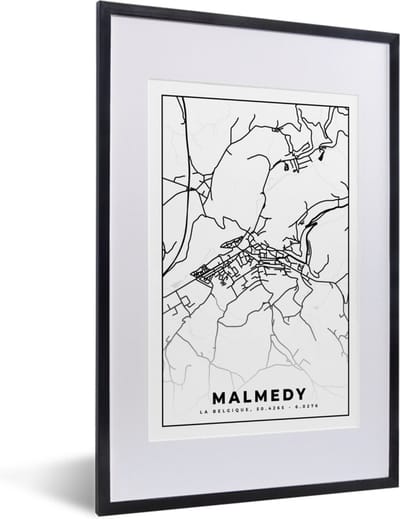 Fotolijst incl. Poster Zwart Wit- Plattegrond – Malmedy – Zwart Wit – Stadskaart - Kaart - België - 40x60 cm - Posterlijst
