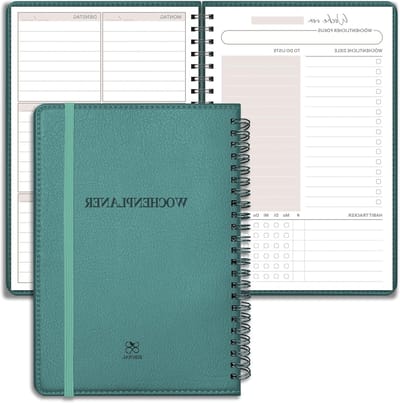 Wekelijkse planner met harde kaft in leer, Duits ontwerp, cyan kleur, ideaal voor organisatie en planning