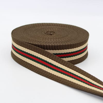 5 Meter GESTREEPTE TASSENBAND, Breedte 40MM, Kleur 15 TAUPE/BEIGE/GROEN/ROOD