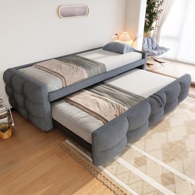 MODFU Bedframe 90/180x190 cm – teddy stof – uitschuifbaar met lattenbodem – grijs – perfect voor logees