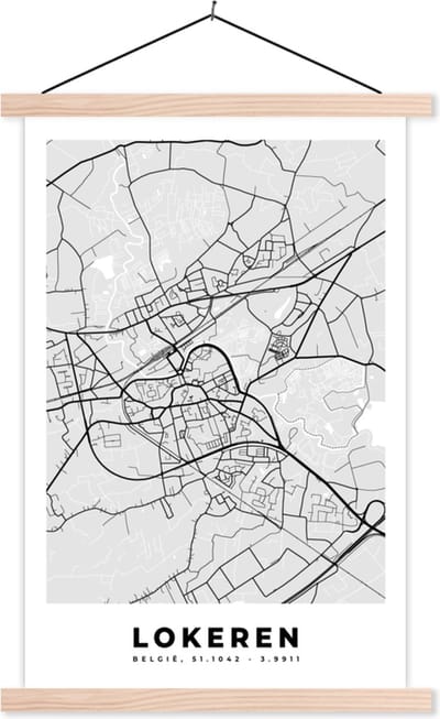 Posterhanger incl. Poster 40x60 cm - Schoolplaat - België – Lokeren – Stadskaart – Kaart – Zwart Wit – Plattegrond - Textielposter - Blanke latten - Stadskaart