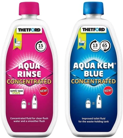 Toiletvloeistof, Camping Toilet Vloeistof, Mobiel Toilet, Aqua Kem Blue 0,78 Liter & Aqua Rinse 0,75 Liter Duopack