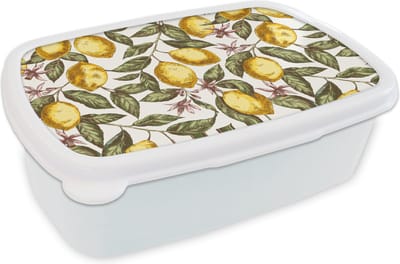 Broodtrommel Wit - Lunchbox - Brooddoos - Patroon - Bloemen - Citroenen - Citrus - 18x12x6 cm - Volwassenen
