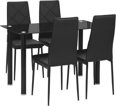 Eettafelset met 4 Stoelen - 5-delige Keukenmeubelset - Modern Design met Geharde Glazen Tafelblad en Stalen Poten - Zwart