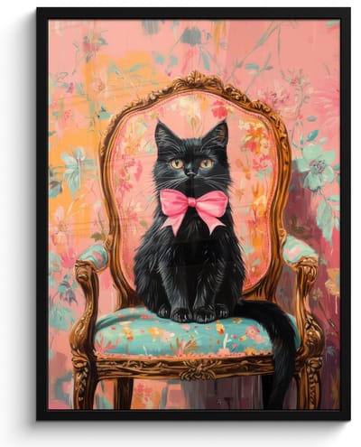 Poster in lijst - Fotolijst 50x70 cm - Posters - Kat - Roze - Stoel met bloemenmotief - Posterlijst zwart - Decoratie - Wanddecoratie woonkamer - Muurdecoratie slaapkamer