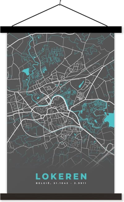Posterhanger incl. Poster 40x60 cm - Schoolplaat - Stadskaart – Grijs - Kaart – Lokeren – België – Plattegrond - Textielposter - Zwarte latten - Stadskaart