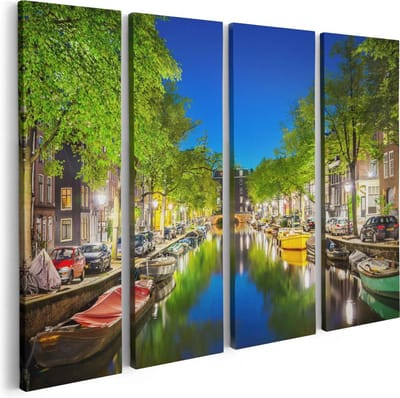 Artaza Canvas Schilderij Vierluik Amsterdamse Gracht In De Nacht - 80x60 - Foto Op Canvas - Canvas Print