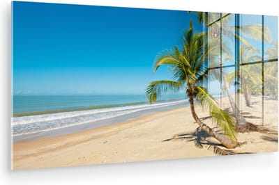 MuchoWow® Glasschilderij 80x40 cm - Schilderij acrylglas - Strand - Zee - Palm - Foto op glas - Muurdecoratie woonkamer - Wanddecoratie slaapkamer - Schilderijen