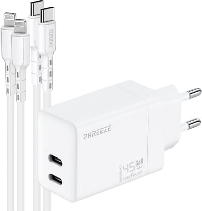 Phreeze 45w oplader geschikt voor iPhone en iPad met Lightning aansluiting - Usb C adapter met 2 meegeleverde kabels en usb C poorten - 1m - Oplaadstekker - Snellader