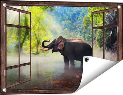 Gards Tuinposter Doorkijk Olifant in het Water - 60x40 cm - Tuindoek - Tuindecoratie - Wanddecoratie buiten - Tuinschilderij