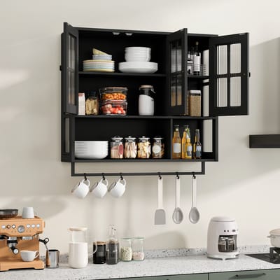 MODENUIT Wandkast Badkamer - 3 Deuren Met Handdoekstang - Voor Badkamer En Hal - MDF Glas Metaal - Zwart - 88x26x82,5 cm