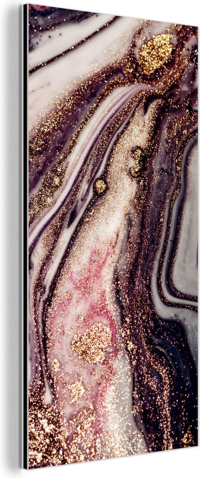 Wanddecoratie Metaal - Aluminium Schilderij Industrieel - Marmer - Roze - Goud - Glitter - Marmerlook - 80x160 cm - Dibond - Foto op aluminium - Industriële muurdecoratie - Voor de woonkamer/slaapkamer