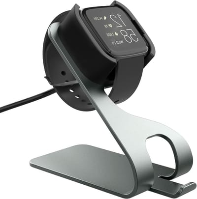 Oplaadstation voor Fitbit Versa 2 en Versa 2 SE, aluminium houder met 150 cm USB-kabel, grijs, ideaal voor thuis en onderweg